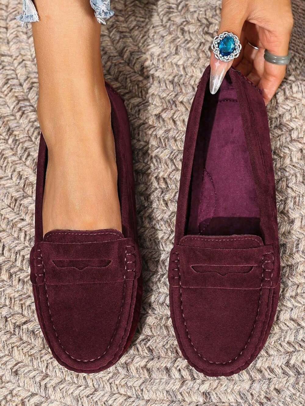 Burgundy Casual Women's Faux Suede Ruched Fringe Flat Ballet Shoes